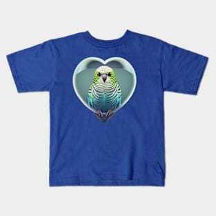 Cute Budgie In a Heart Shape on blue background. Perfect Valentines Bird Kids T-Shirt